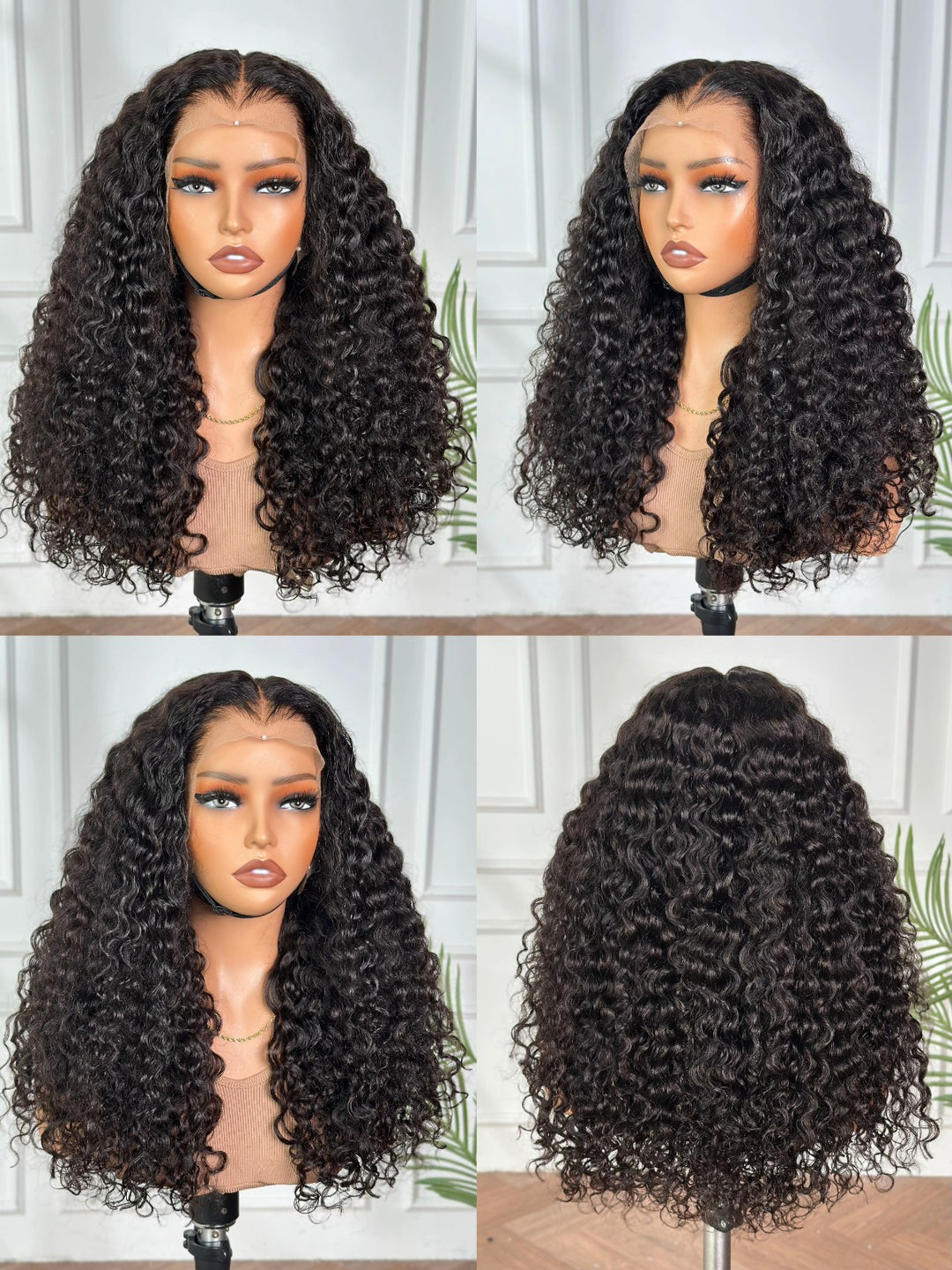 Four views of a curly wig on a mannequin head against a white background.