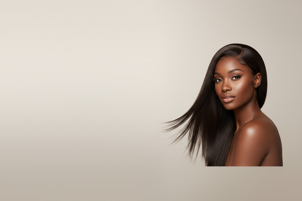 A soft, modern studio shot that feels premium and clean. Use a wide image with a light neutral background such as beige, cream, or light gray. Place a high quality African woman model on the right or center-right. She wears a sleek human hair wig with smooth texture and natural density. The wig should look polished and realistic. Keep lighting soft and even. Avoid shadows and busy details. The overall look should feel calm and elegant so the text box on the left stays easy to read.