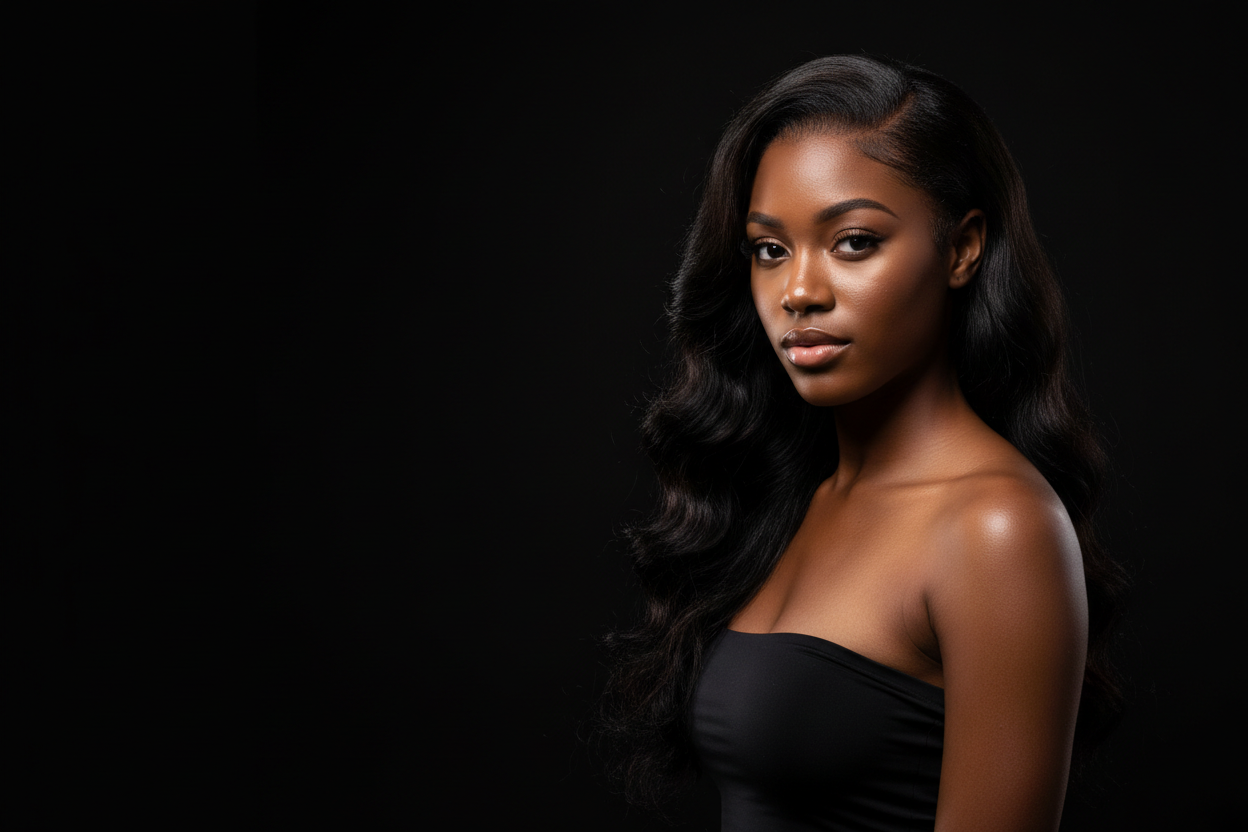 High contrast studio portrait of a young Black woman. She has long black wavy hair with a deep side part. She wears a black strapless top. She stands on the far right side of the frame. The left side remains empty for website text. Solid black background. Cinematic lighting that highlights skin and hair texture. Sharp focus. Ultra detailed.