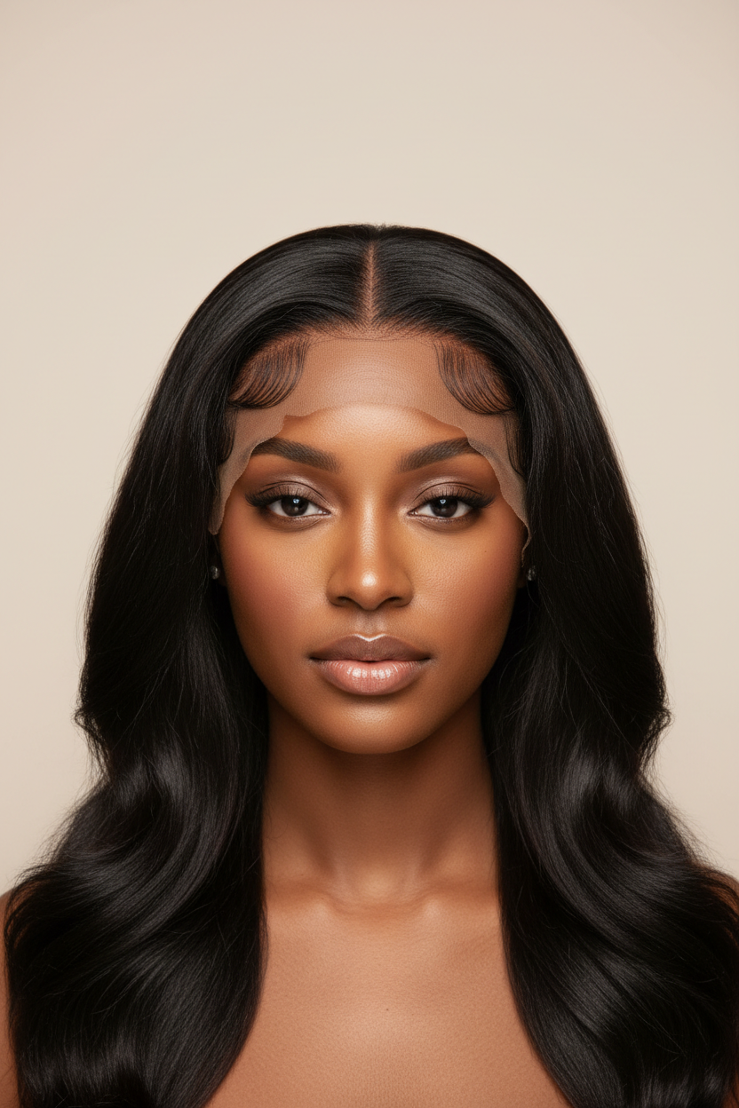 reate a high quality portrait of a young Black woman wearing a premium glueless wig. Natural hairline. No glue visible. Lace blends with skin. Full, smooth hair. Center part with soft baby hairs.

She faces the camera. Neutral expression.

Use soft studio lighting. No harsh shadows. Light beige or white background.

Frame chest up. Portrait orientation. Clean, modern, luxury hair brand look. Website ready.